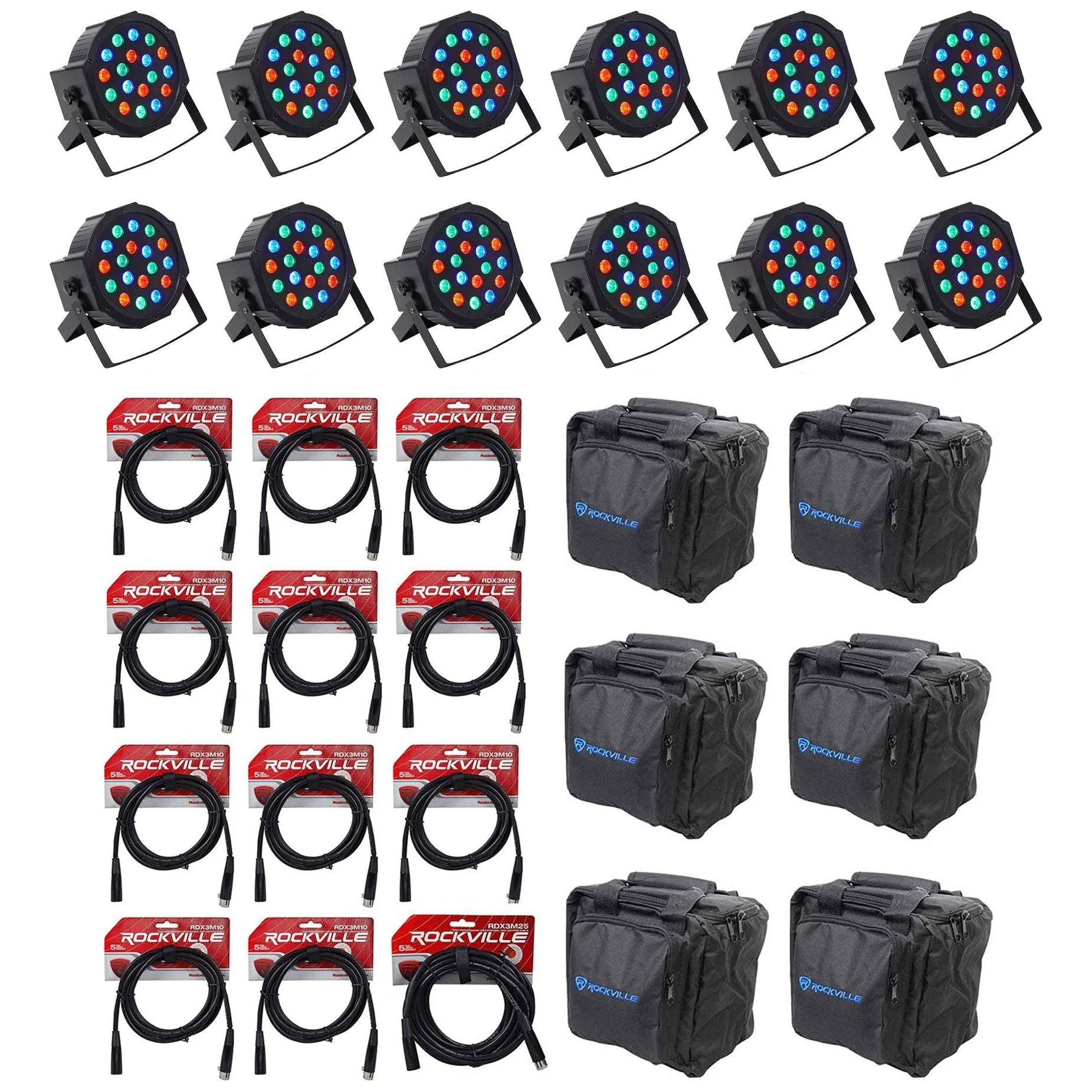 (12) FARENHEIT FHB-118 LED RGB DMX LED PAR Can Wash Lights+(12) Cables+Bags - Image 2