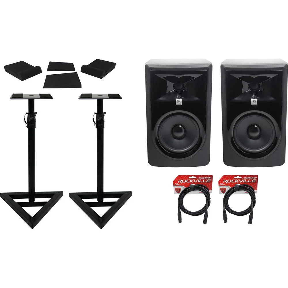 (2) JBL 306P MkII 6" Powered Studio Reference Monitors+Stands+Pads+XLR Cables - Image 2