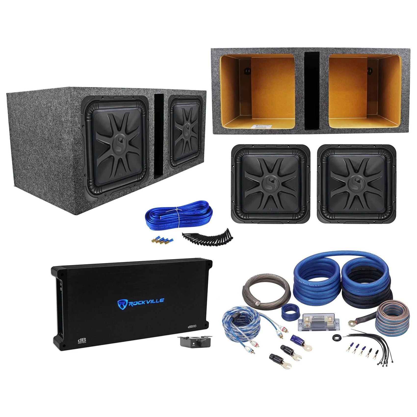 (2) Kicker 44L7S152 15" 4000 Watt Solobaric L7S Subwoofers+Amp+Sub Box+Wire Kit - Image 2