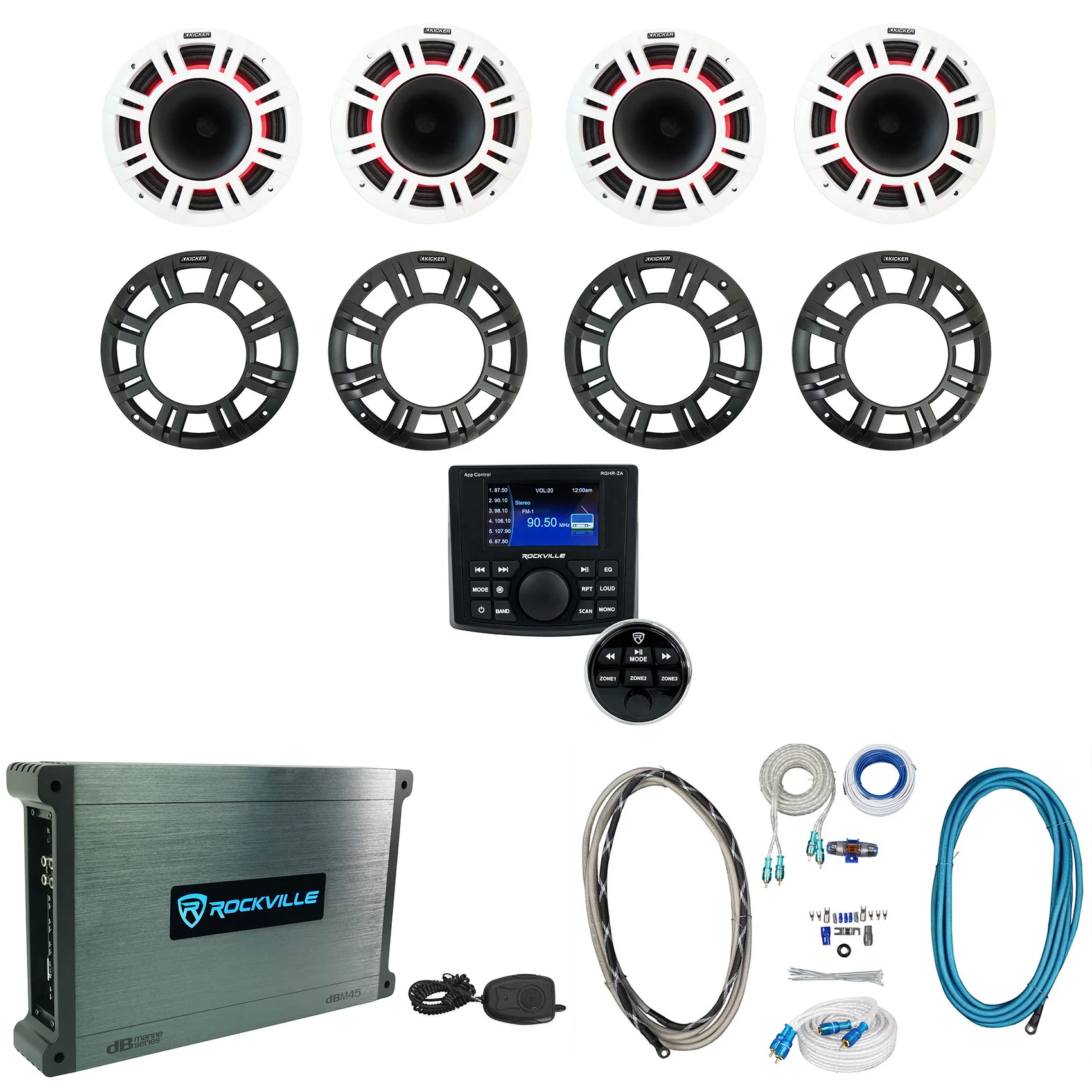 (4) KICKER 48KMXL84 8" 500w Marine Speakers w/LED+Receiver+4-Ch. Amplifier KMXL8