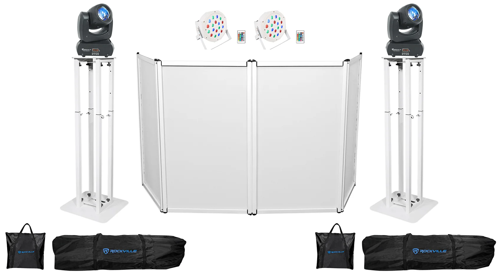 Rock Beam DC Lights 2-Pack + RTP32W Totems + RFAAW Facade + Battery Par 50 2-Pack Bundle