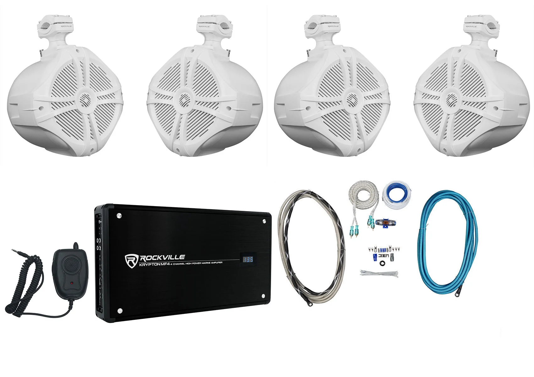 RWB90W White 8" Wakeboard Tower Speakers 2-Pack + KRYPTON MF4 Amplifier Bundle