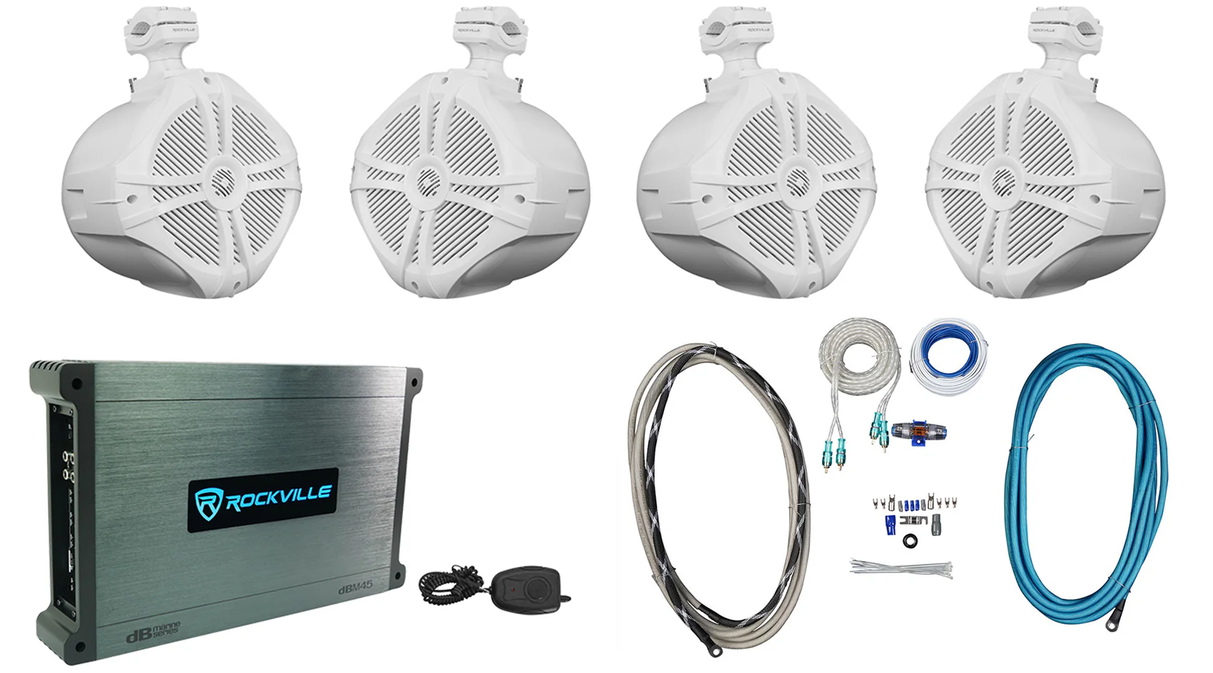 RWB90 White 4-Pack + DBM45 Marine Amplifier Bundle