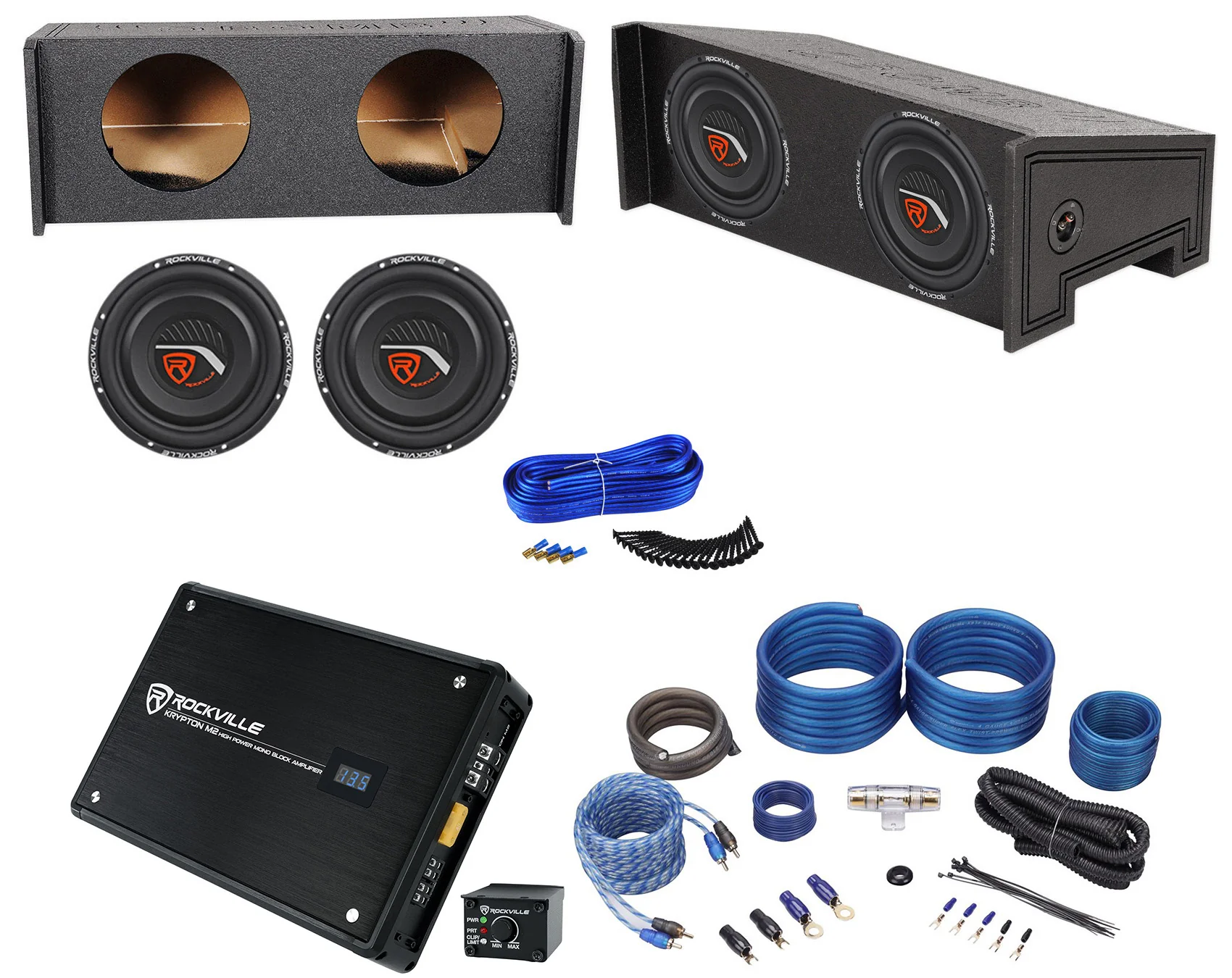 Rockville 10" Shallow Subwoofers 2-Pack + KRYPTON-M2 Mono Amplifier Bundle