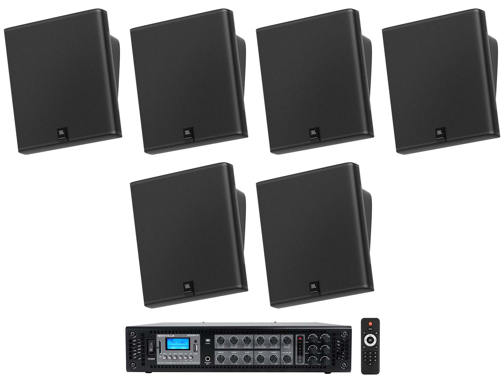 6) JBL SLP12/T-BK Sleek Low-Profile On Wall Mount 3" 70v Commercial Speakers+Amp