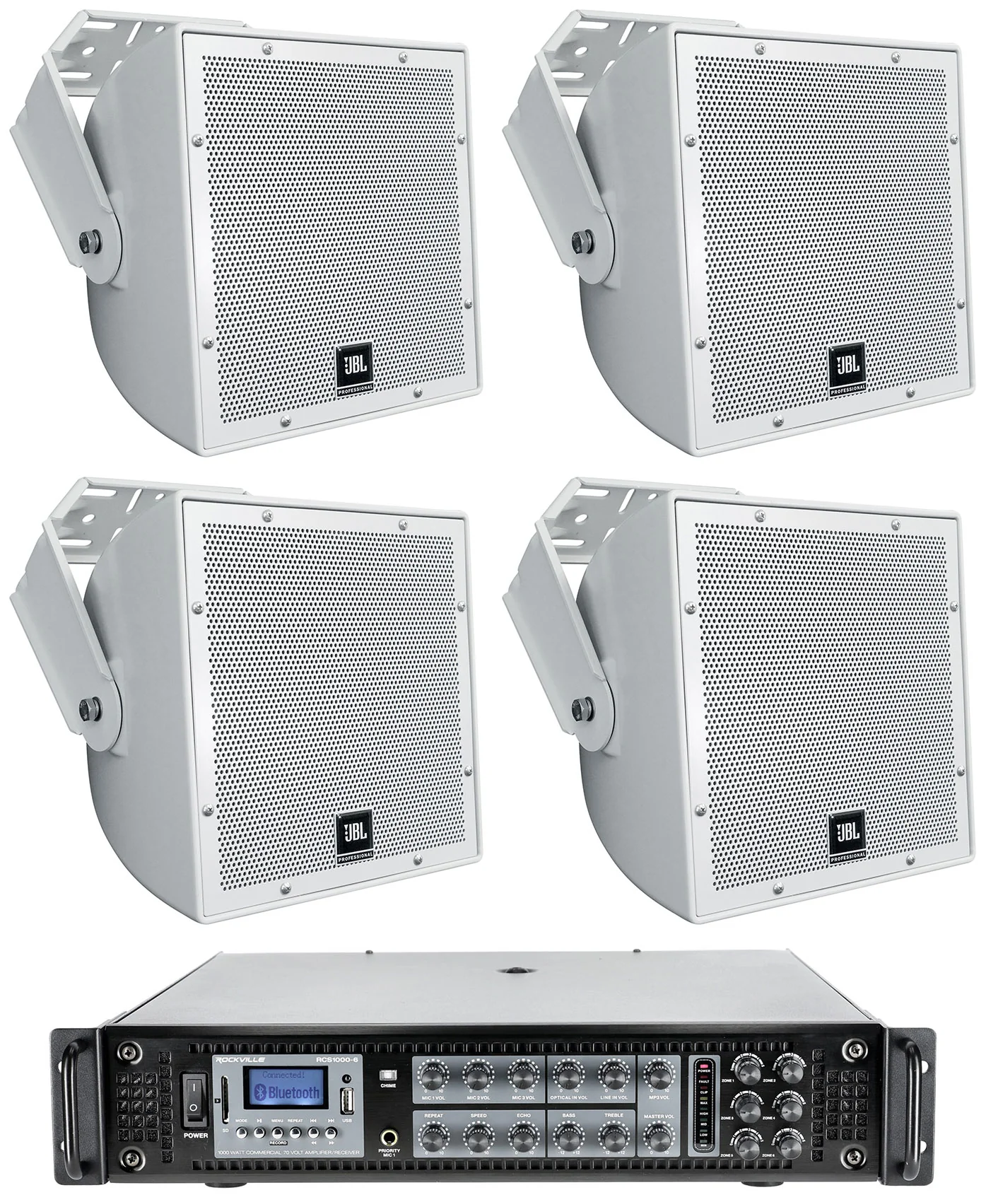 (4) JBL AWC82 8" 200w Indoor/Outdoor 70V Surface Mount Commercial Speakers+Amp