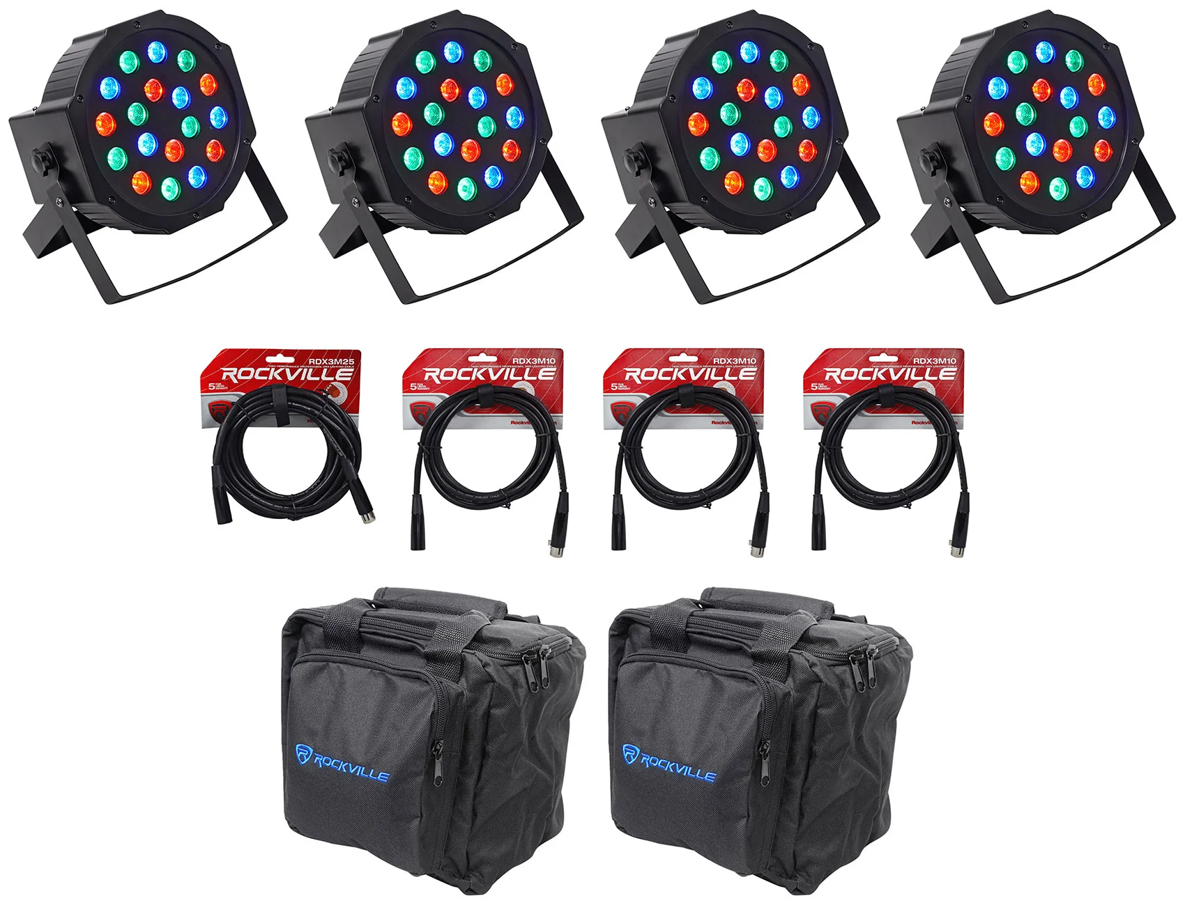 RockPAR50 Black 4-Pack + DMX Cables & Travel Bags Bundle