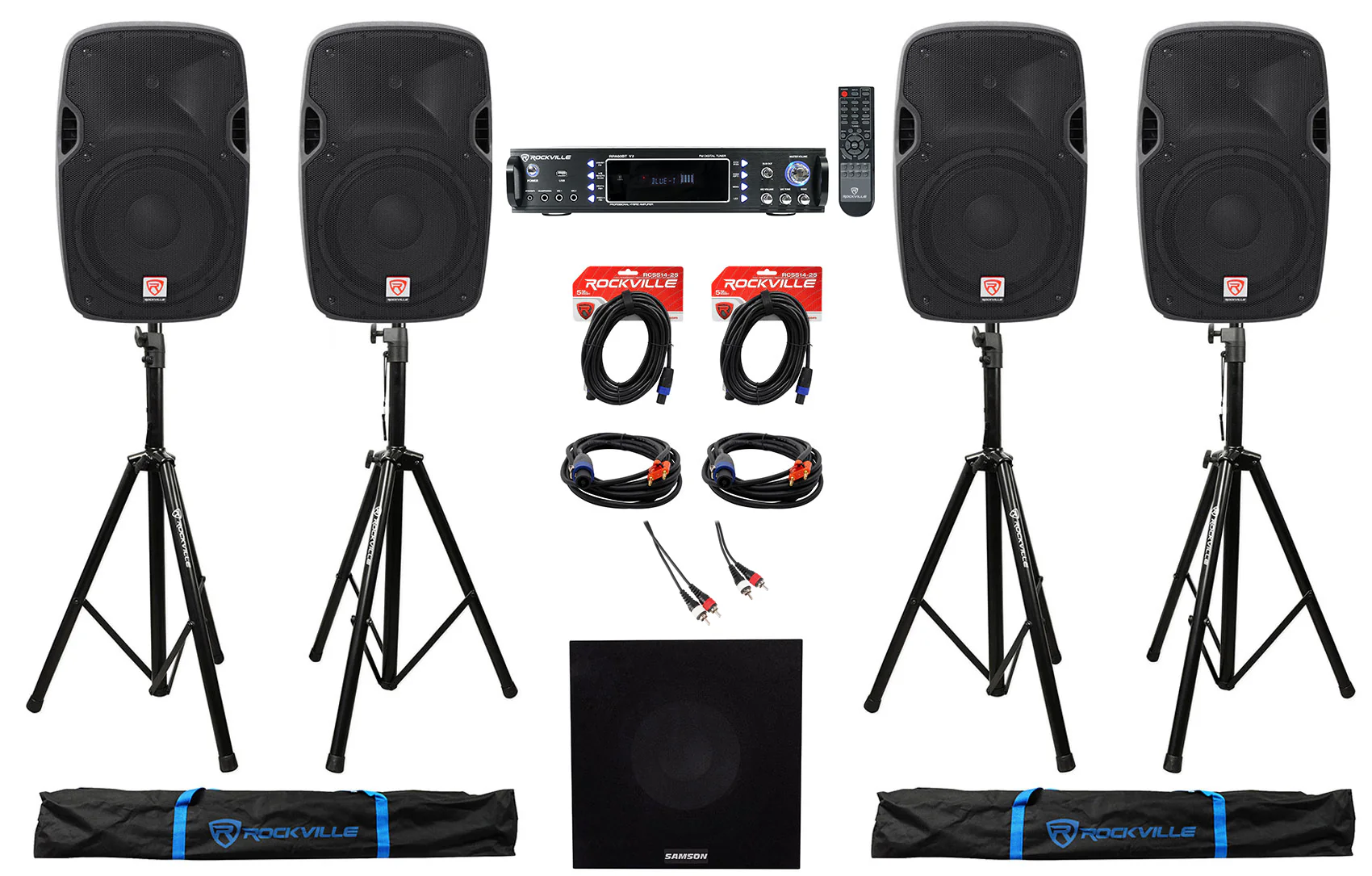 SPGN128 4-Pack + RPA60BT Receiver + Stands + Cables Bundle