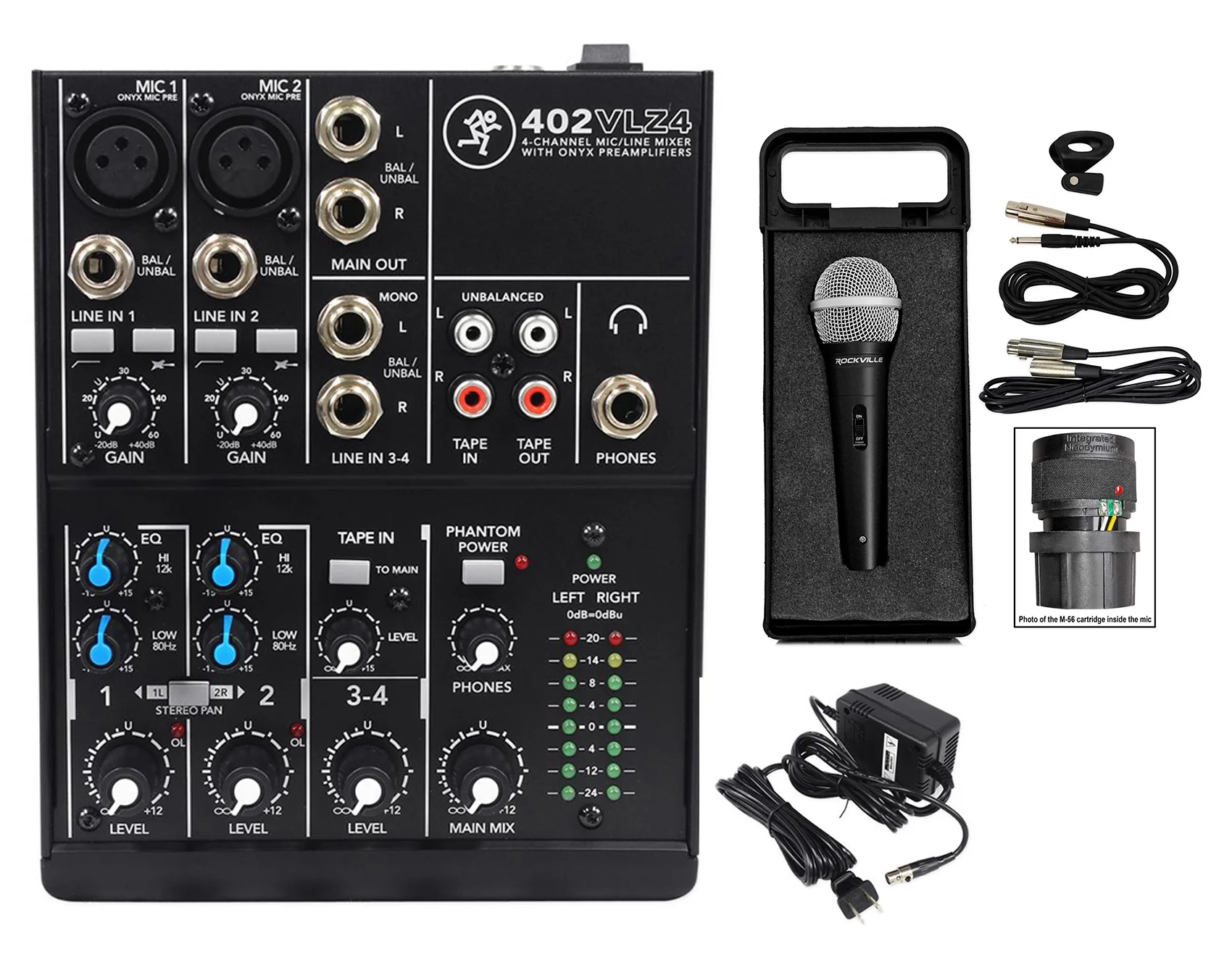 Mackie 402VLZ4 4-channel Compact Mixer w/ 2 ONYX Preamps+Microphone+XLR Cable