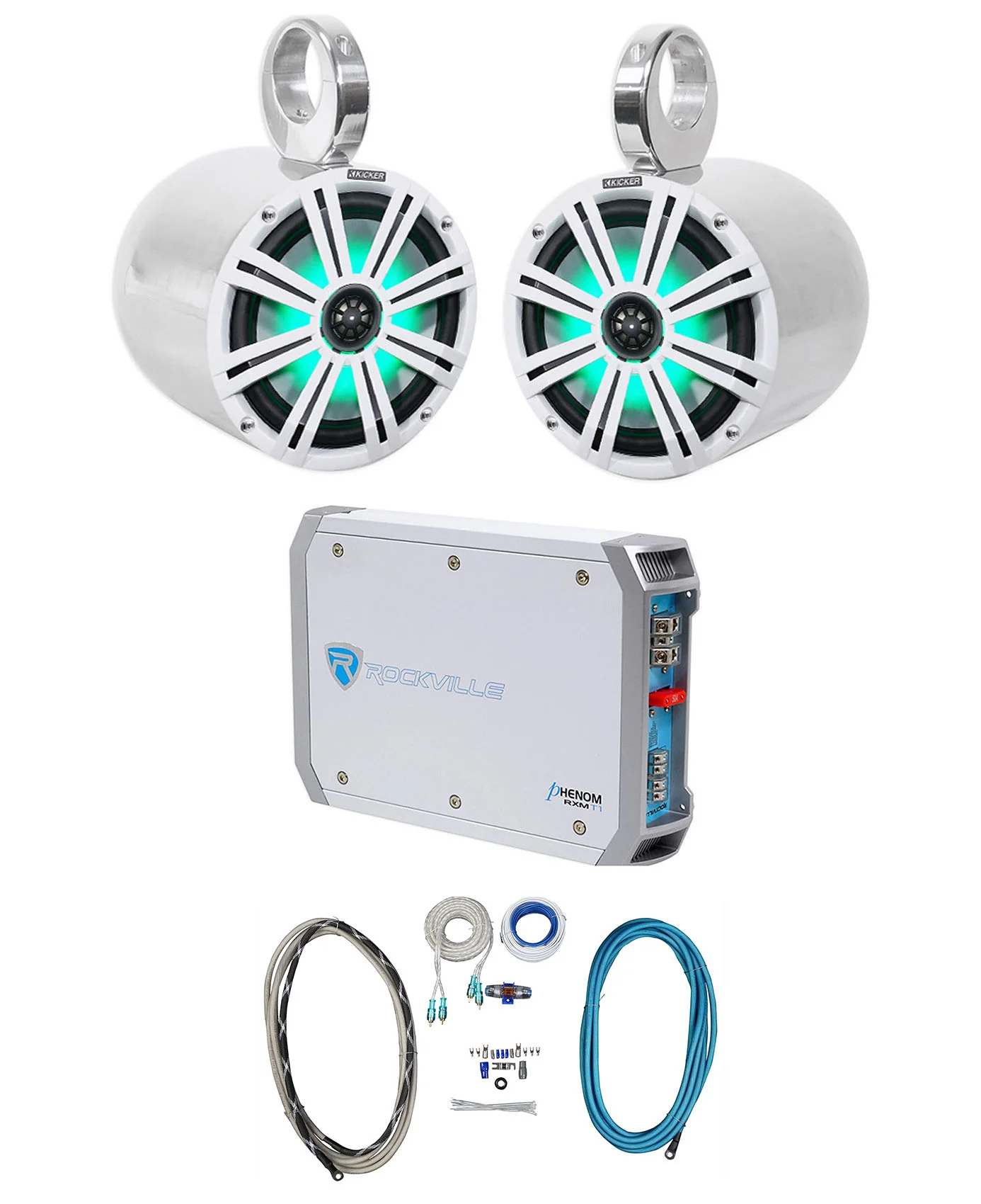 2) KICKER 45KM84L 8" 600w Marine Boat LED Wakeboard Speakers+Amplifier+Amp Kit