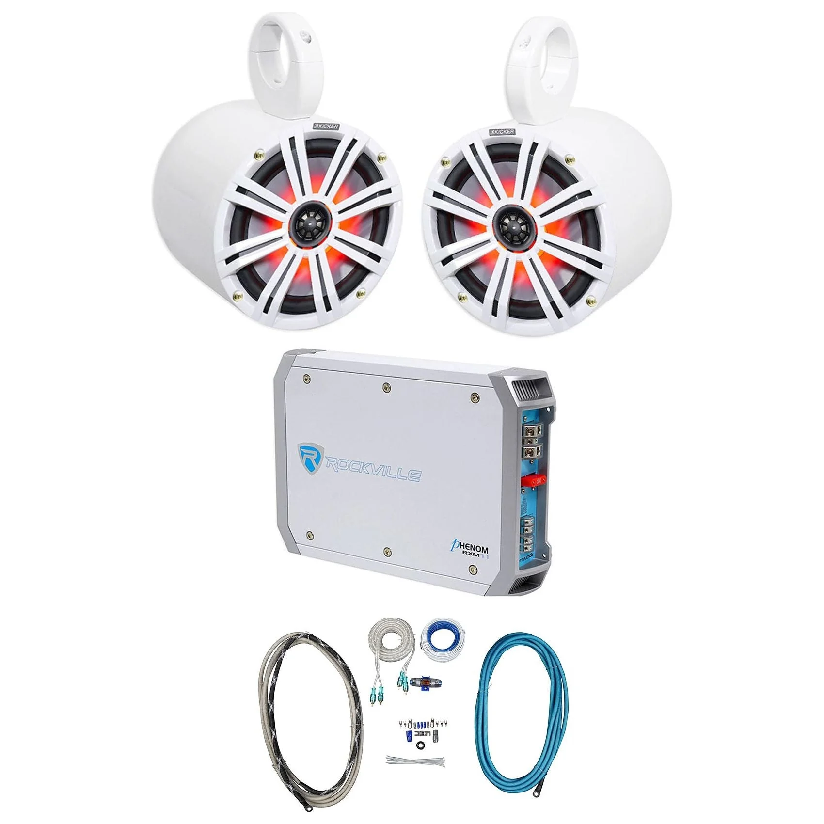 (2) KICKER 45KM84L 8" 600 Watt Marine LED Wakeboard Speakers+Amplifier+Amp Kit - Image 2