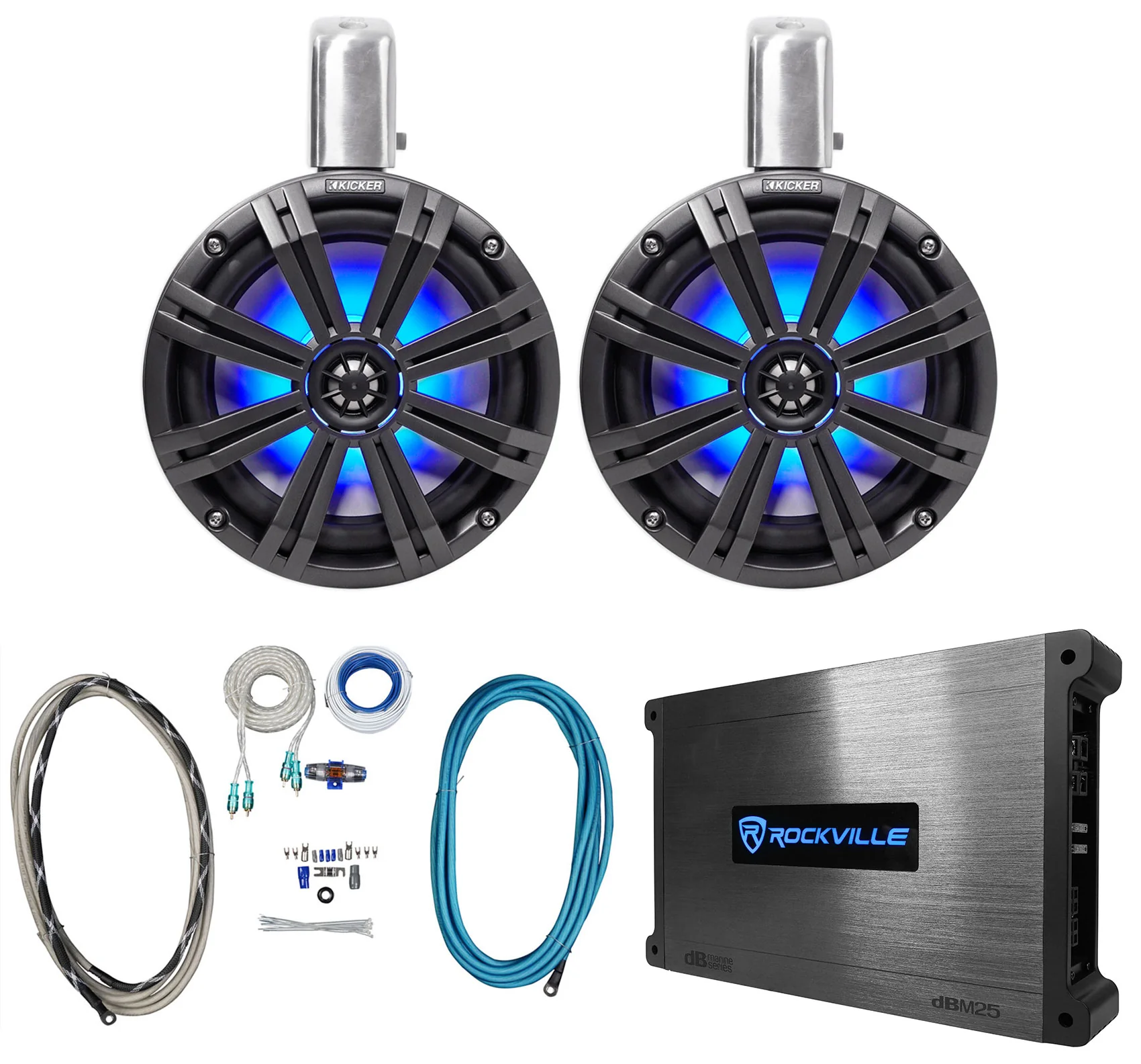 Pair KICKER 45KMTC8 8" 600w Marine Wakeboard Tower Speakers+2-Channel Amplifier