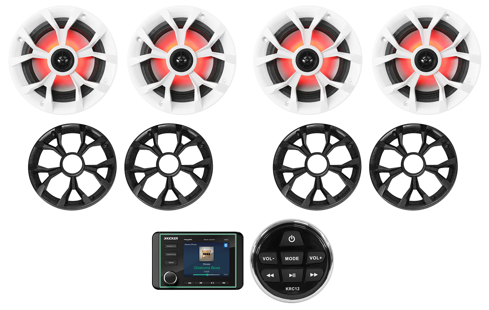 KICKER KMC5 Marine Digital Media Bluetooth Receiver+Remote+(4) 6.5" LED Speakers
