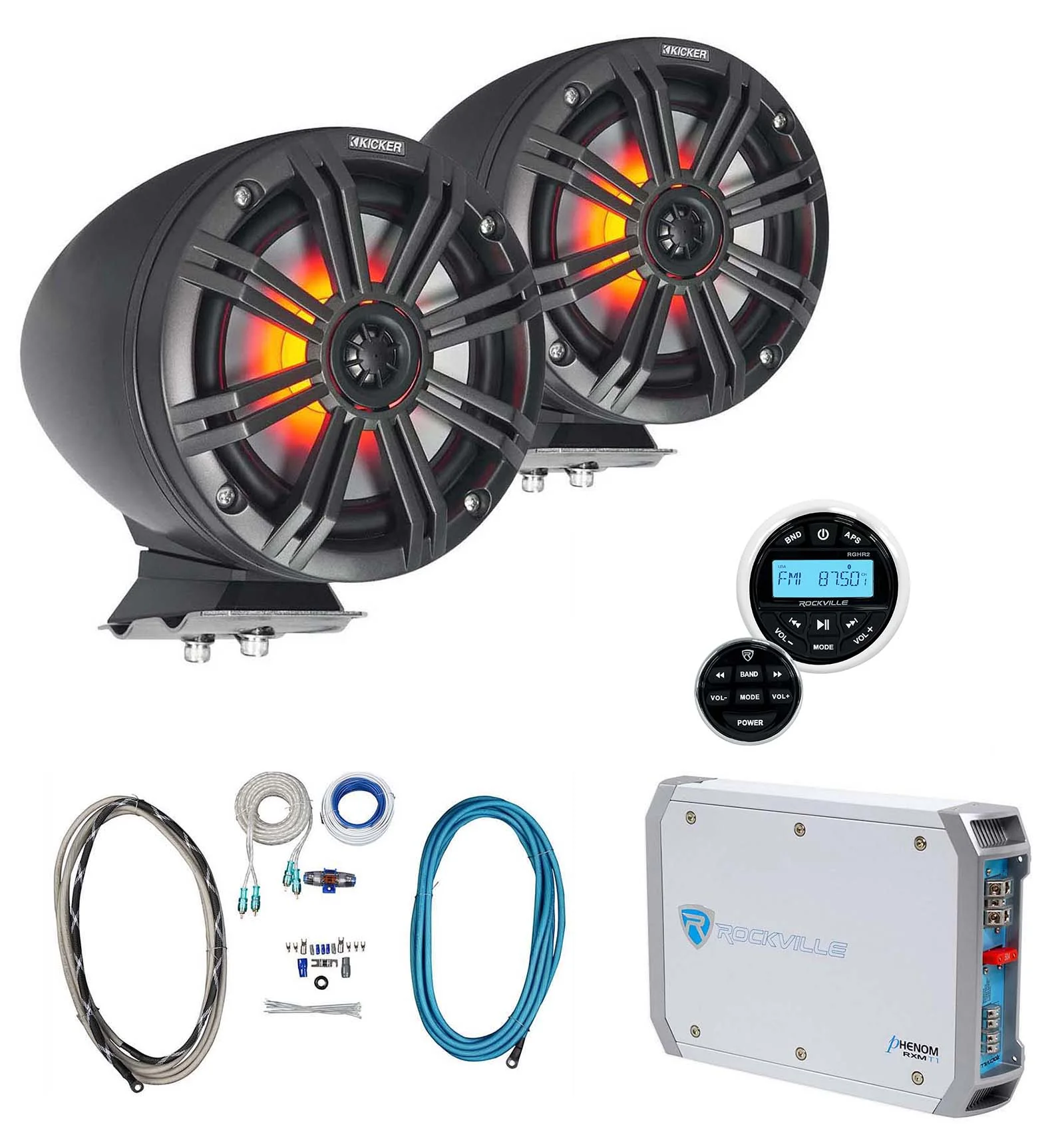 2) KICKER KMFC65 6.5" 195w Black Marine LED Surface Mount Speakers+Receiver+Amp