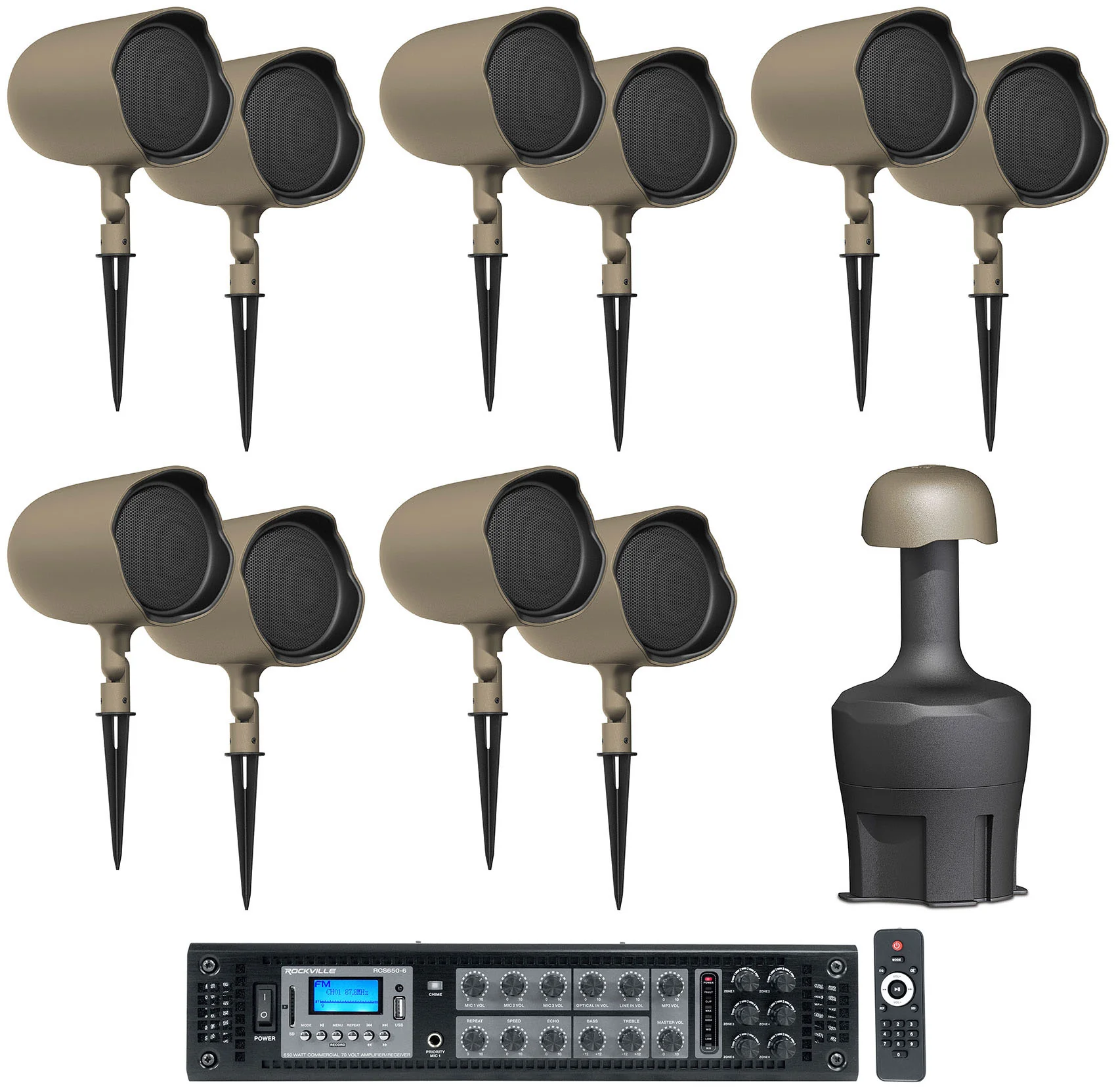 (10) JBL GSF6-TN 6.5" Landscape Ground Stake 70v Commercial Speakers+12" Sub+Amp