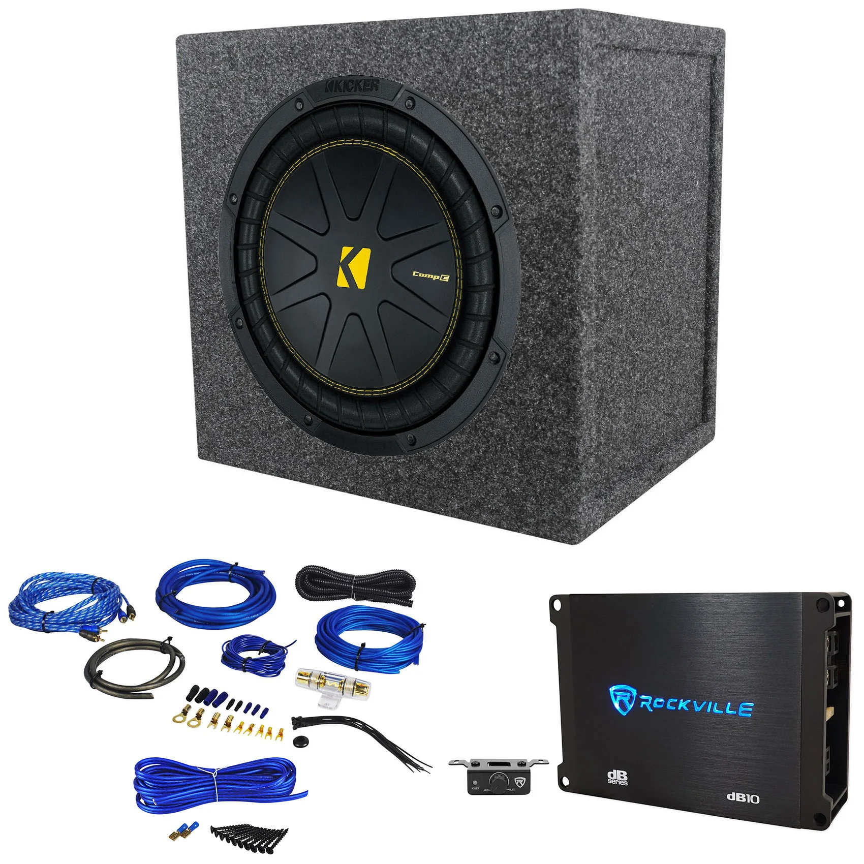 Kicker 50CWCS104 CompC 10" SVC Subwoofer+Sealed Box+Mono Amplifier+Wires CWCS104