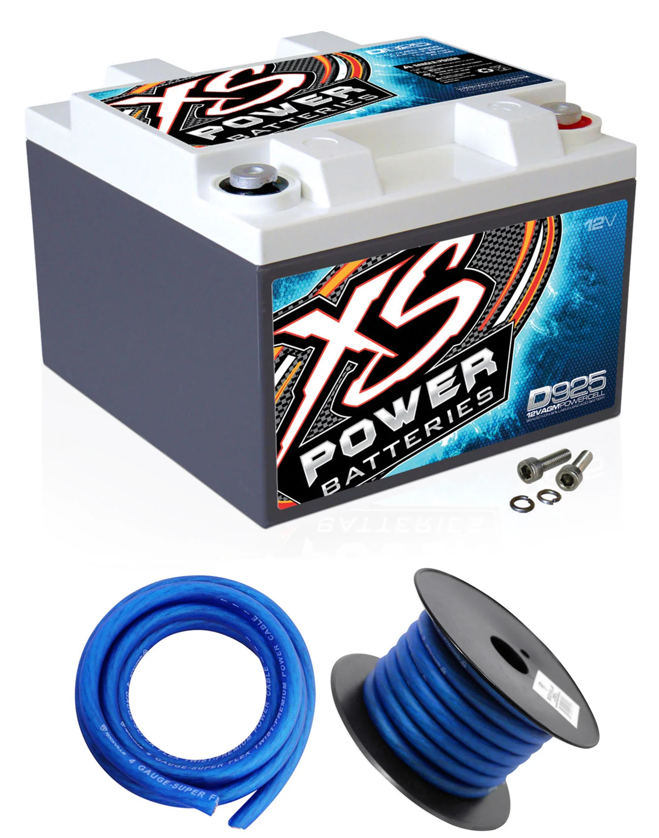 XS Power D925 2000 Amp Car Audio Battery+Terminal Hardware+Power/Ground Wires