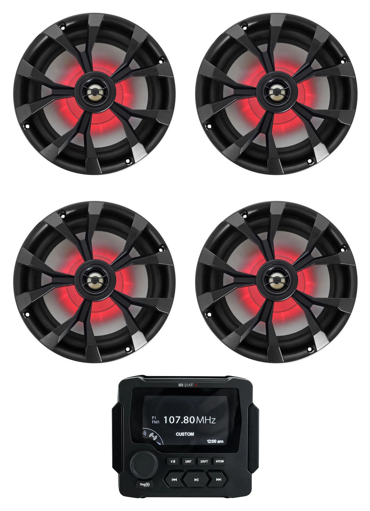 MB Quart GMR-LED Marine/Boat Receiver w/Bluetooth/USB+(4) 8" Black LED Speakers