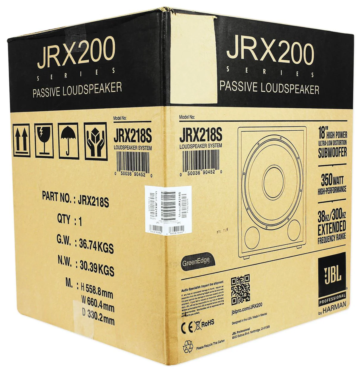 JBL Pro JRX218S 1400w 18" DJ PA Subwoofer Sub+2-Channel Power Amplifier+Cable - Image 4