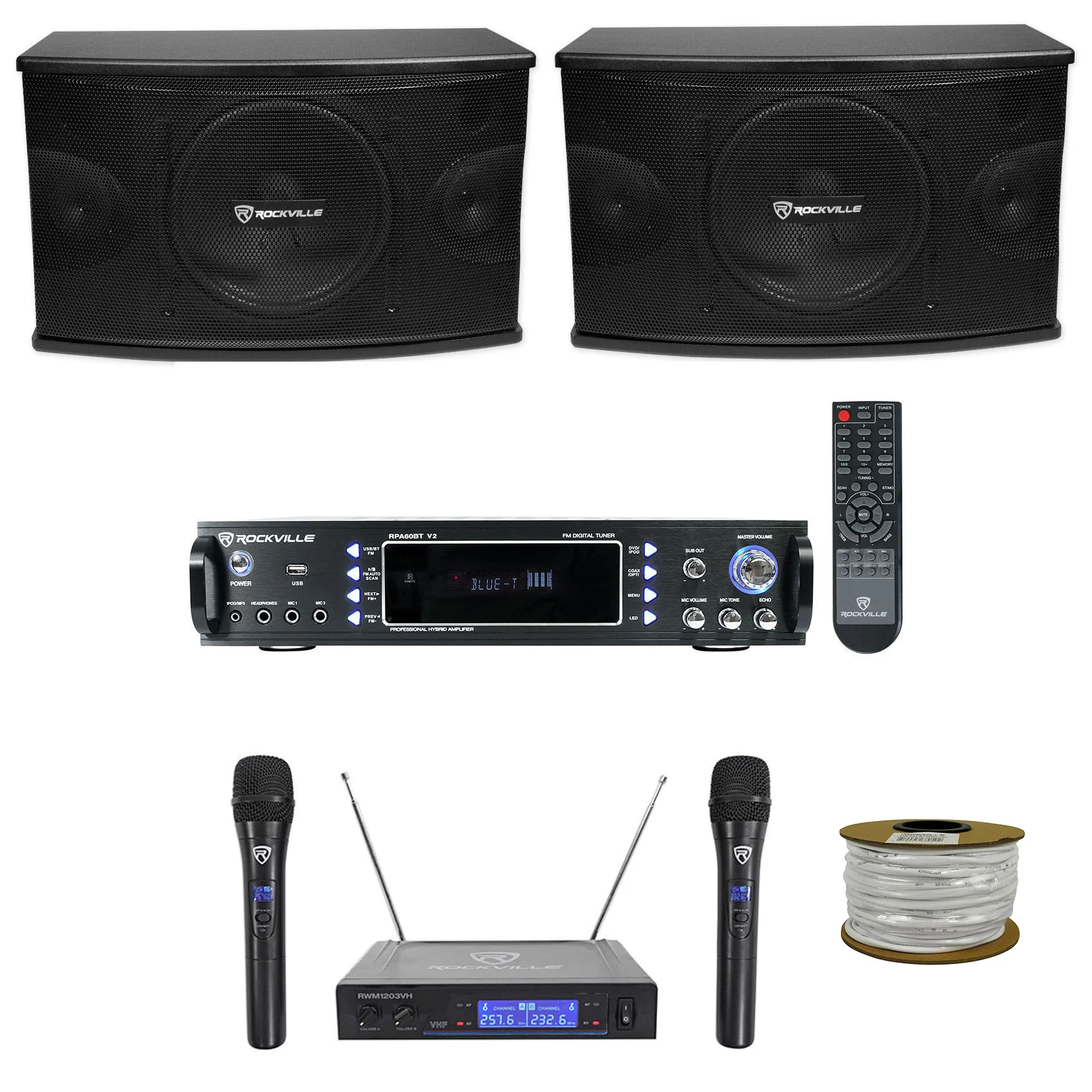 KPS10 10" Karaoke Speakers 2-Pack + RPA60BT V2 Amp + Wireless Mics Bundle