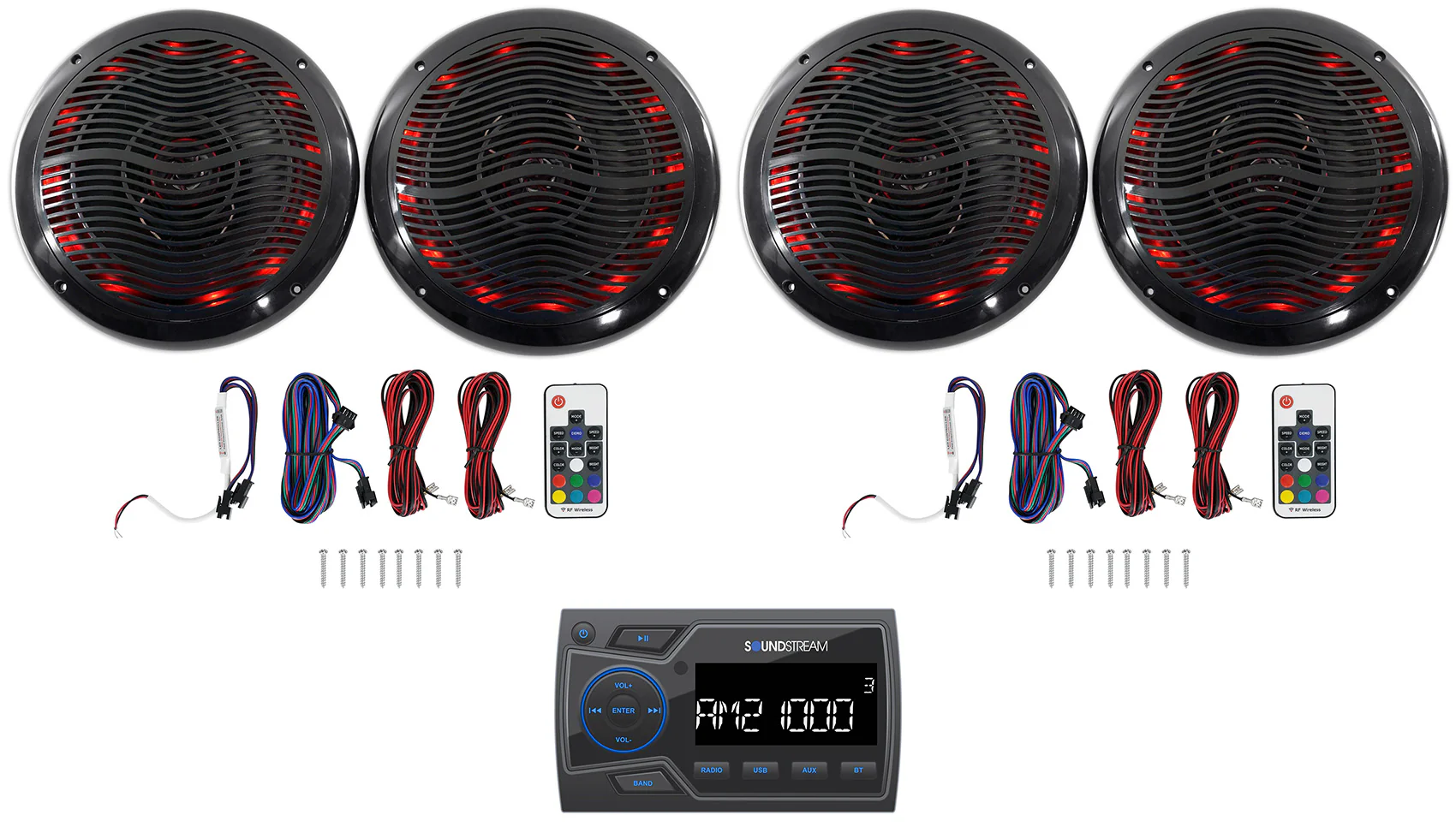 Soundstream MHU-32 Marine ATV/UTV Bluetooth Receiver+(4) Black 6.5" LED Speakers