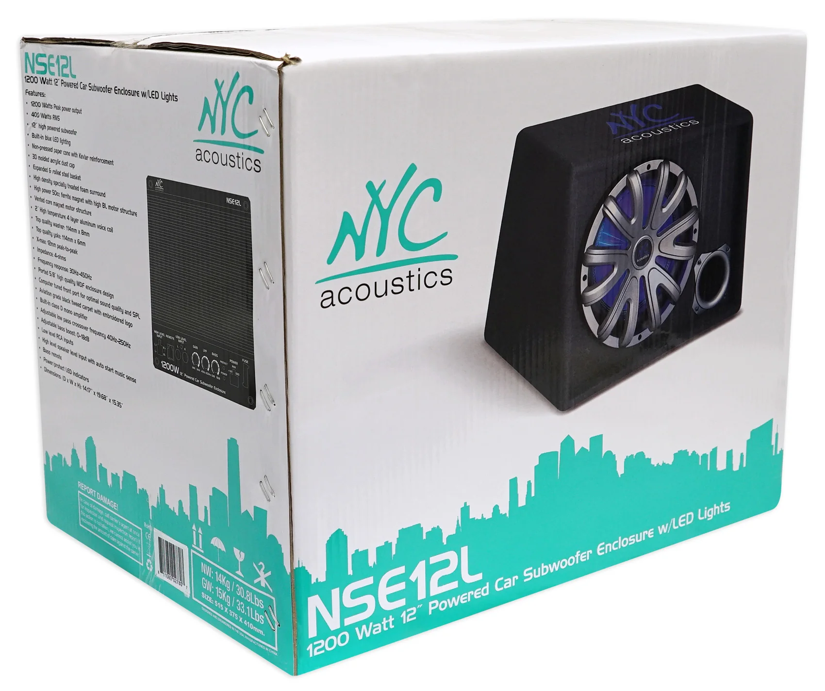 NYC Acoustics NSE12L 12" 1200w Powered Car Subwoofer/Sub Enclosure+LED+Amp Kit - Image 2