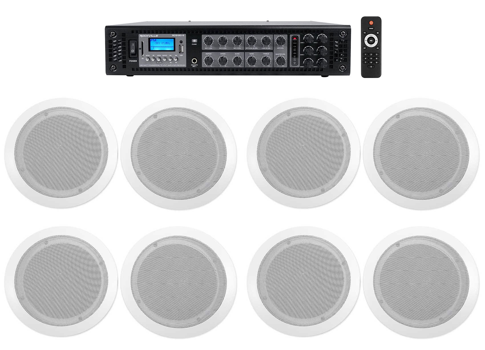 CC65T White 8-Pack + RCS180-6 6-Zone 180W Amp Bundle