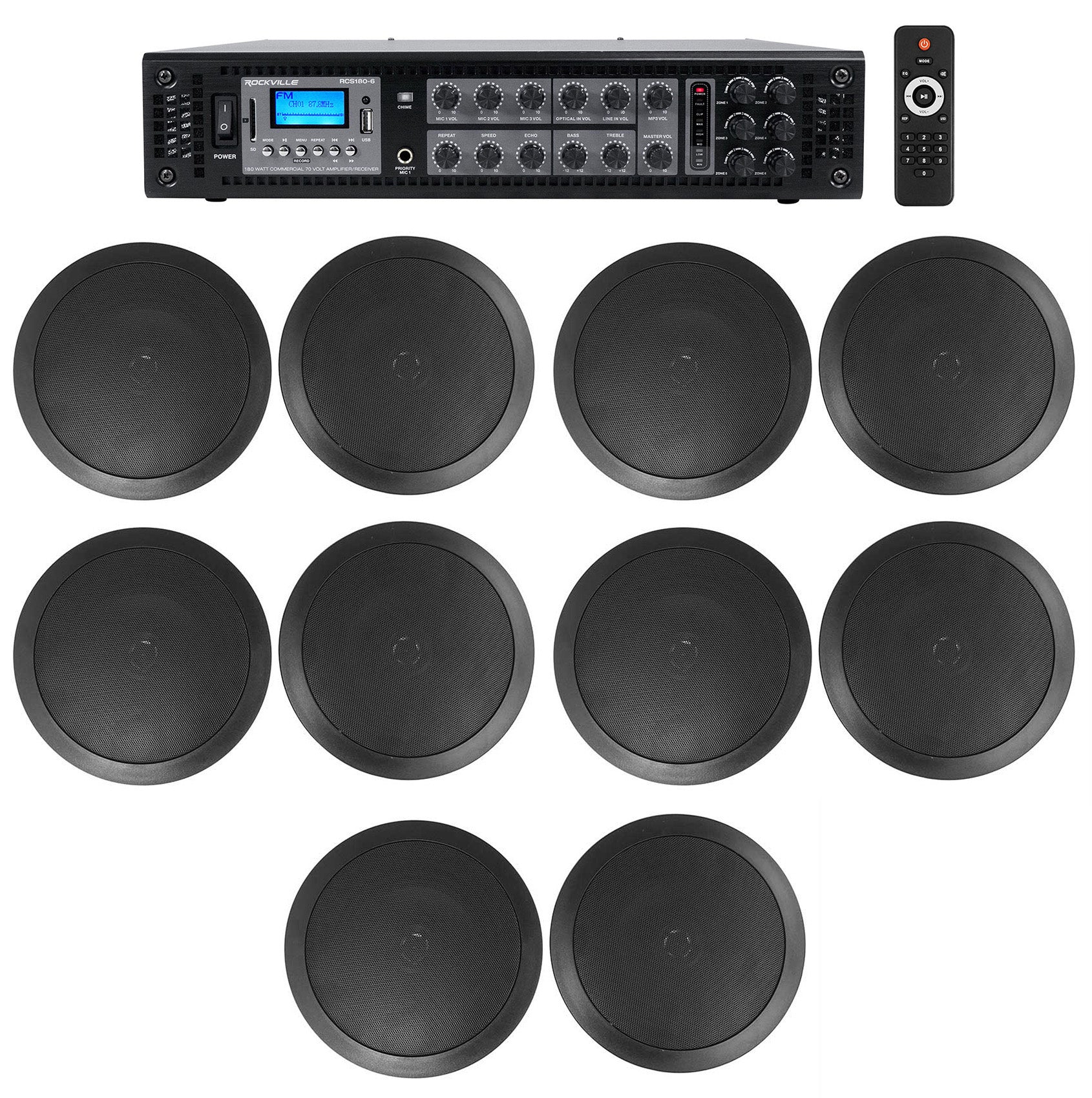 CC65T Black 10-Pack + RCS180-6 6-Zone 180W Amp Bundle