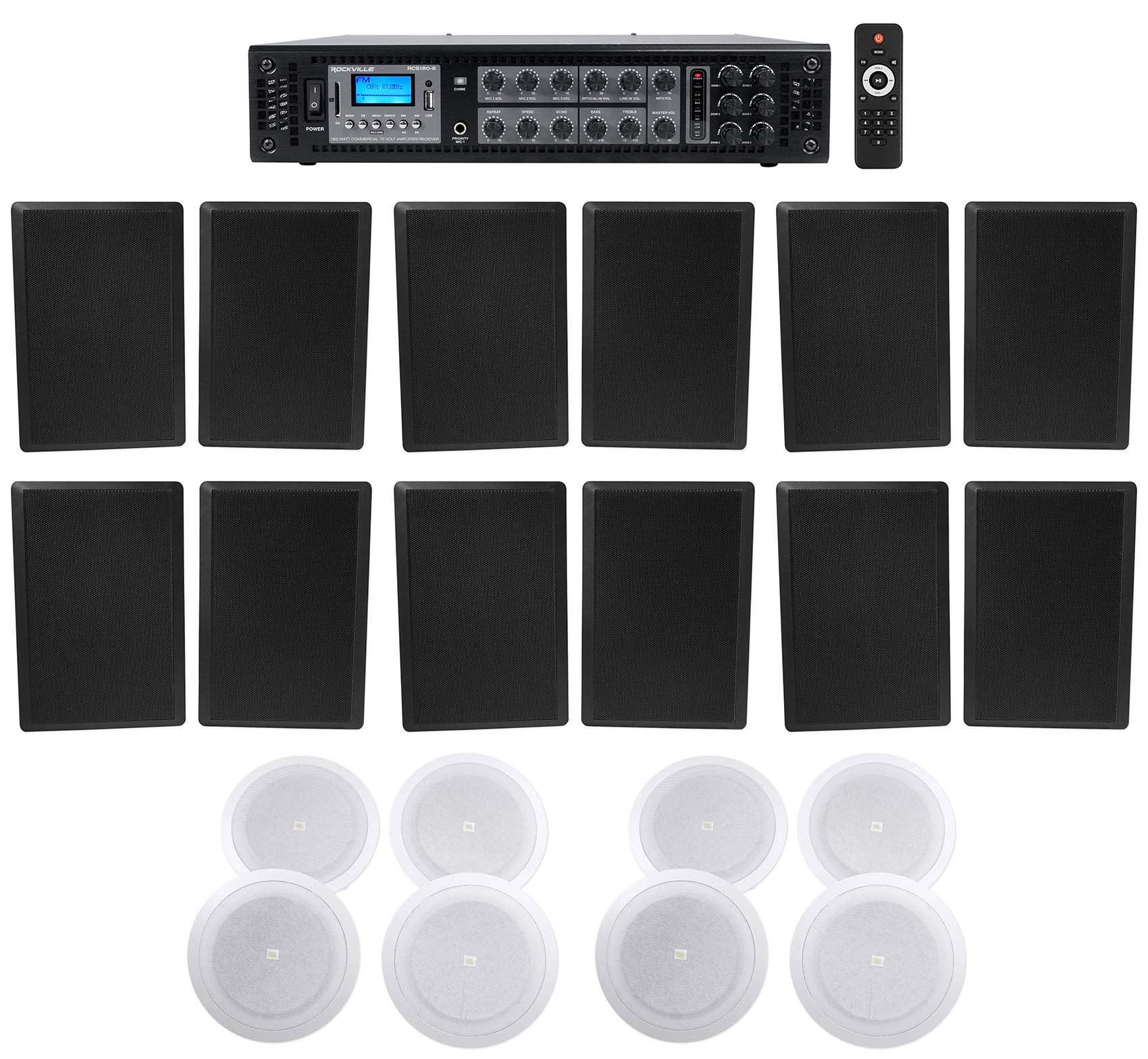 RockSlim 70B Black 12-Pair + 8128 8" Ceiling 4-Pair + RCS180-6 Amp Bundle