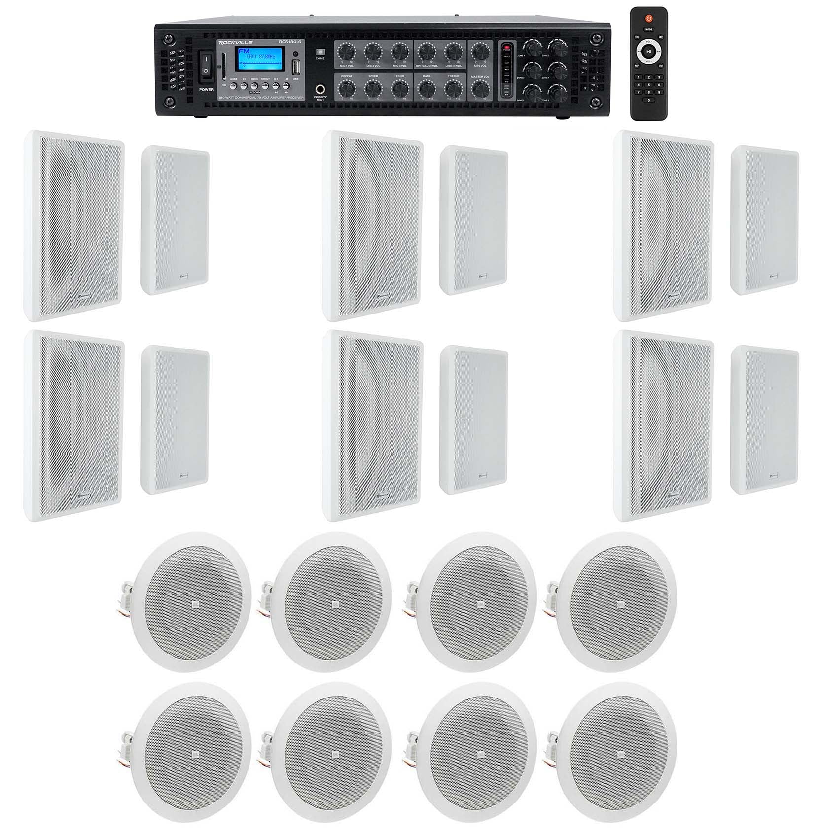 RockSlim 70W White 12-Pair + 8124 4" Ceiling 4-Pair + RCS180-6 Amp Bundle