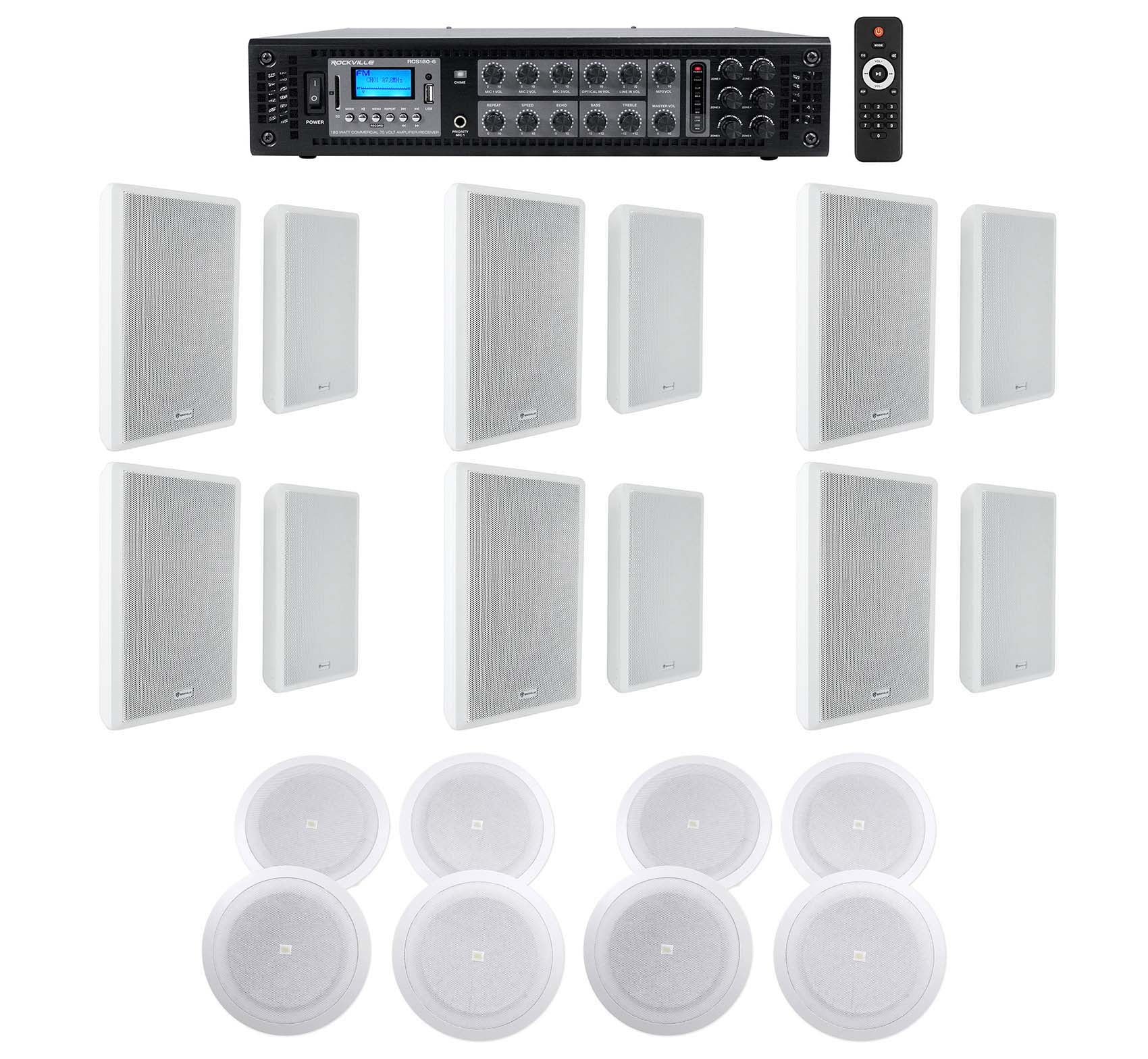 RockSlim 70W White 12-Pair + 8128 8" Ceiling 4-Pair + RCS180-6 Amp Bundle