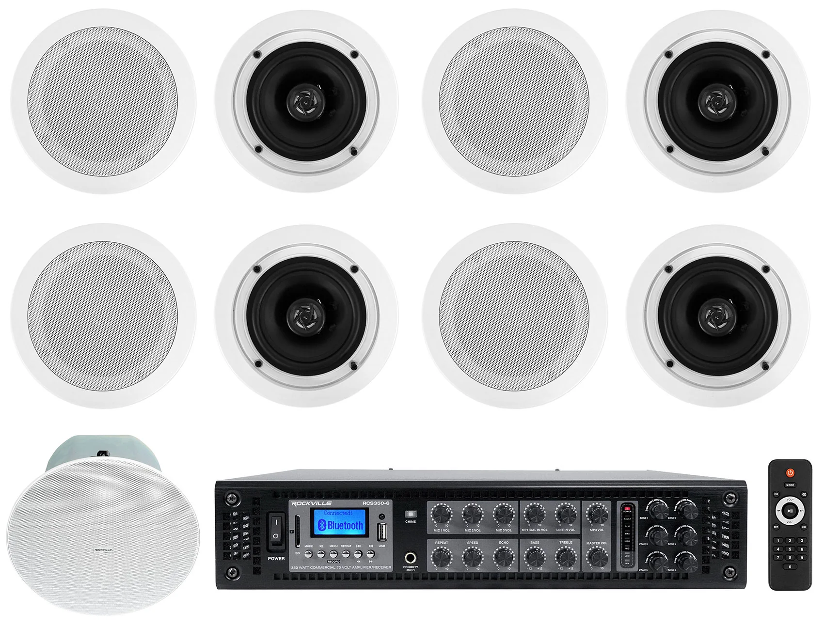 RCS350-6 6-Zone Amplifier + CC525T White 8-Pack + CC8-SUB Bundle