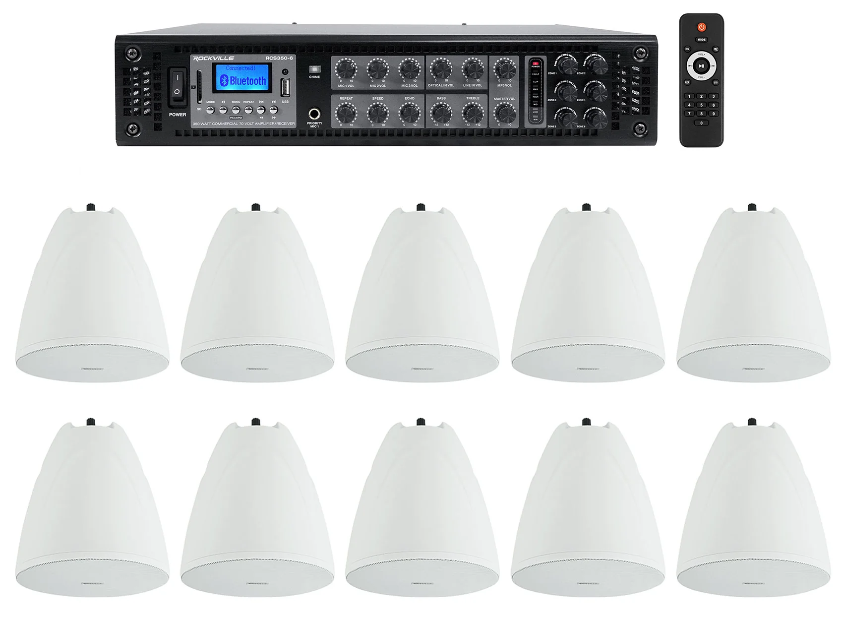 PEN-65T White Pendant Speakers 10-Pack + RCS350-6 Amplifier Bundle