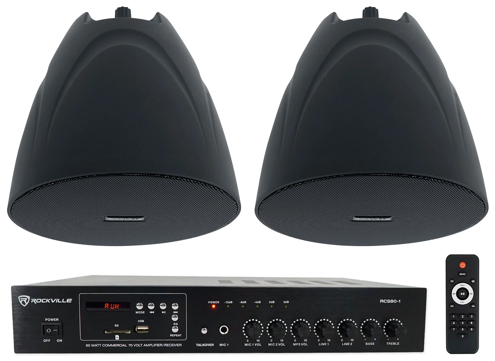 RCS80-1 60W Amp 2-Pack + PEN-525T Black Pendant Speakers Bundle