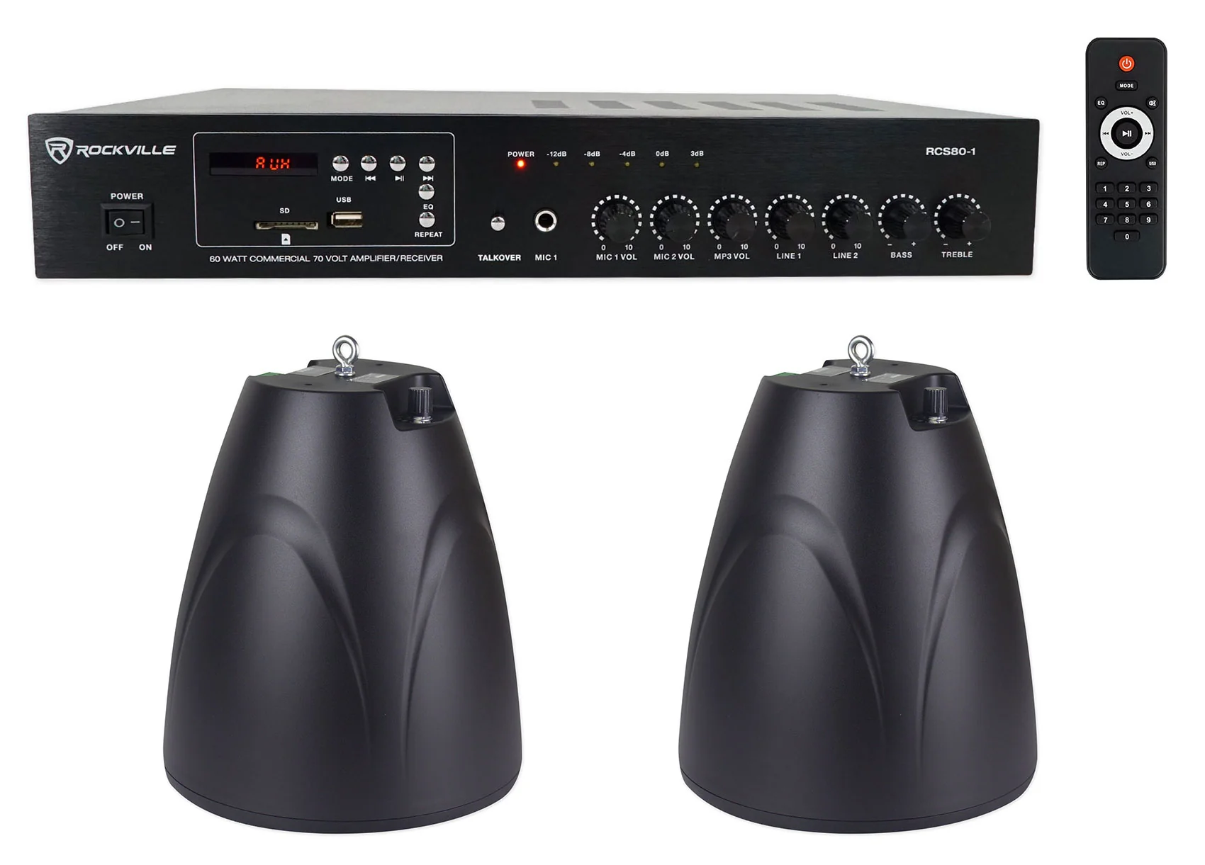 RCS80-1 60W Amp 2-Pack + PEN-65T Black Pendant Speakers Bundle
