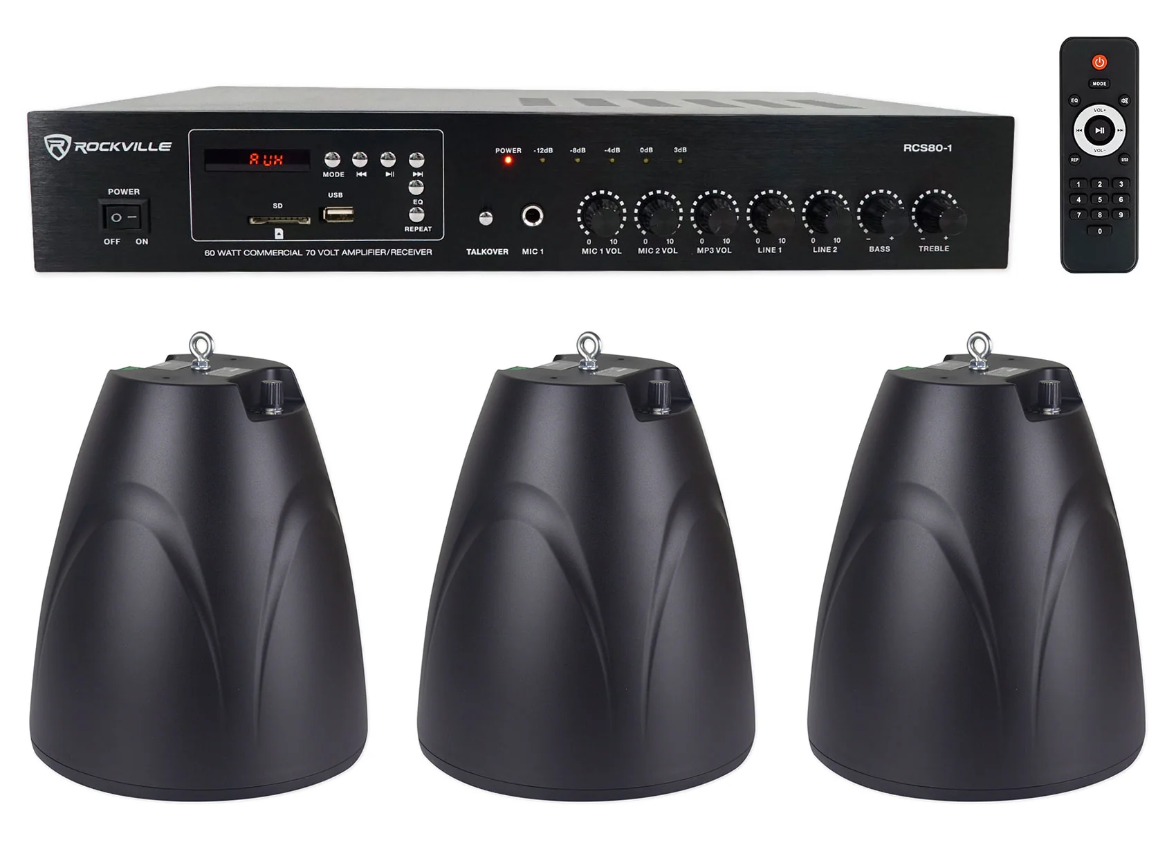 RCS80-1 60W Amp 3-Pack + PEN-65T Black Pendant Speakers Bundle