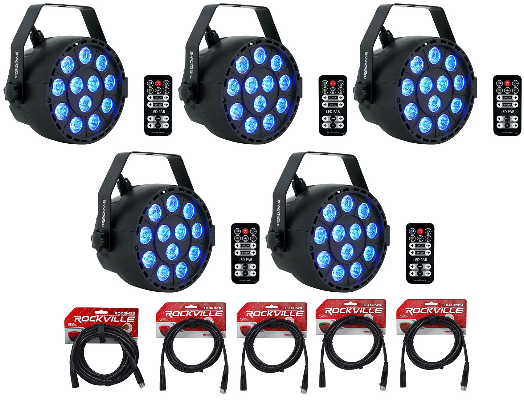 RockPAR TRI Black 5-Pack + DMX Cables Bundle