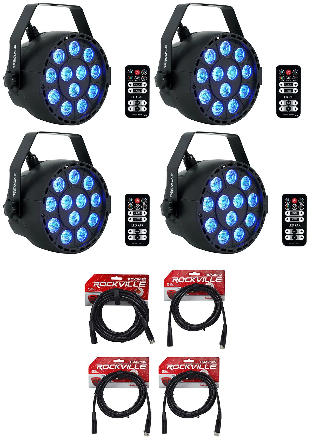 RockPAR TRI Black 4-Pack + DMX Cables Bundle