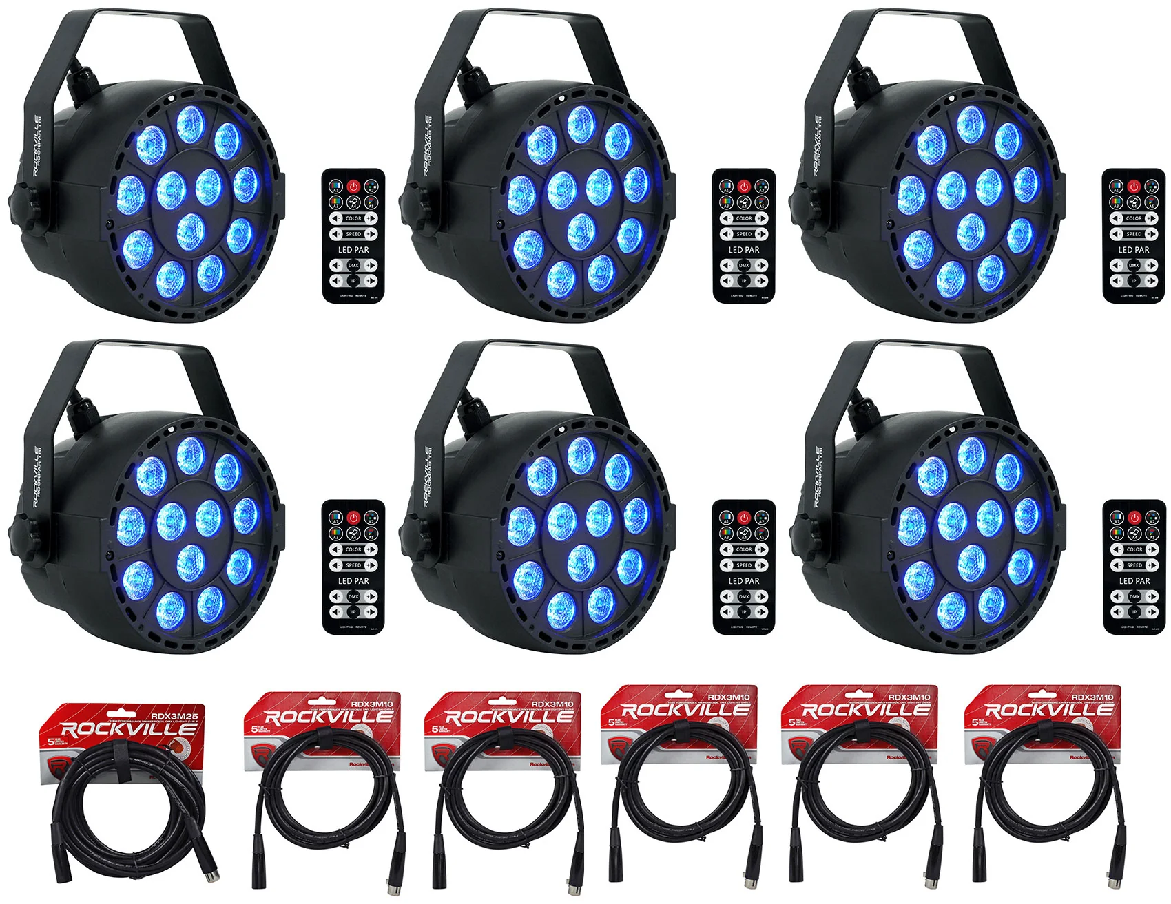 RockPAR TRI Black 6-Pack + DMX Cables Bundle