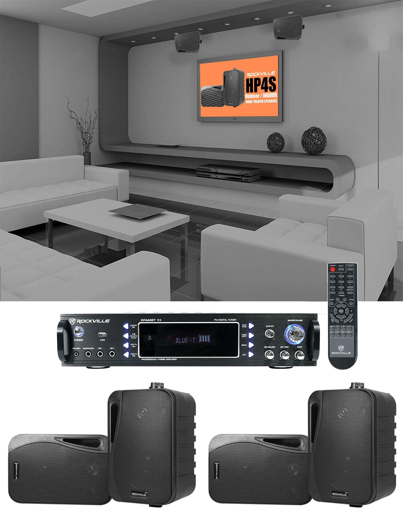 RPA60BT Receiver + HP4S-8 Black 4-Pack Bundle