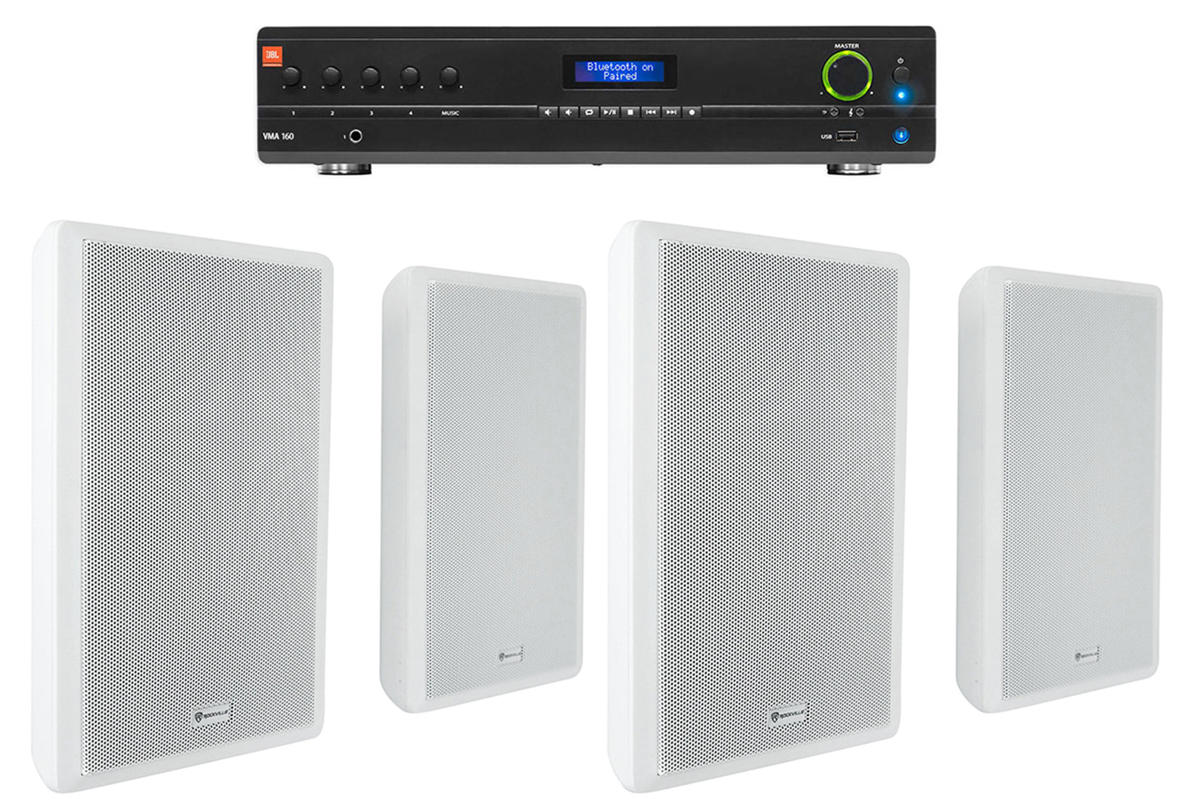 JBL Commercial Amplifier+(4) Slim White Wall Speakers for Restaurant/Bar/Cafe